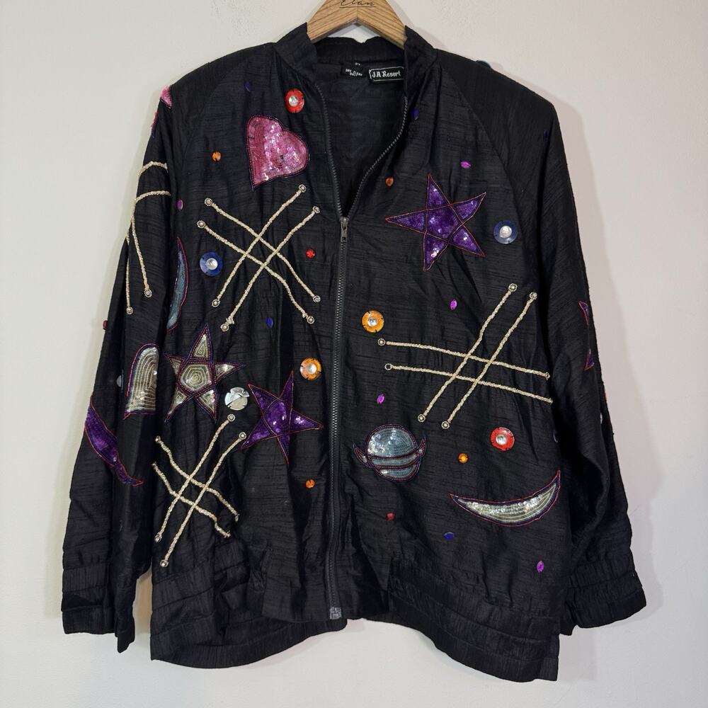 Vtg 80s JA RESORT Celestial Silk Bomber Jacket Sequin Moon Star Planet Boho M